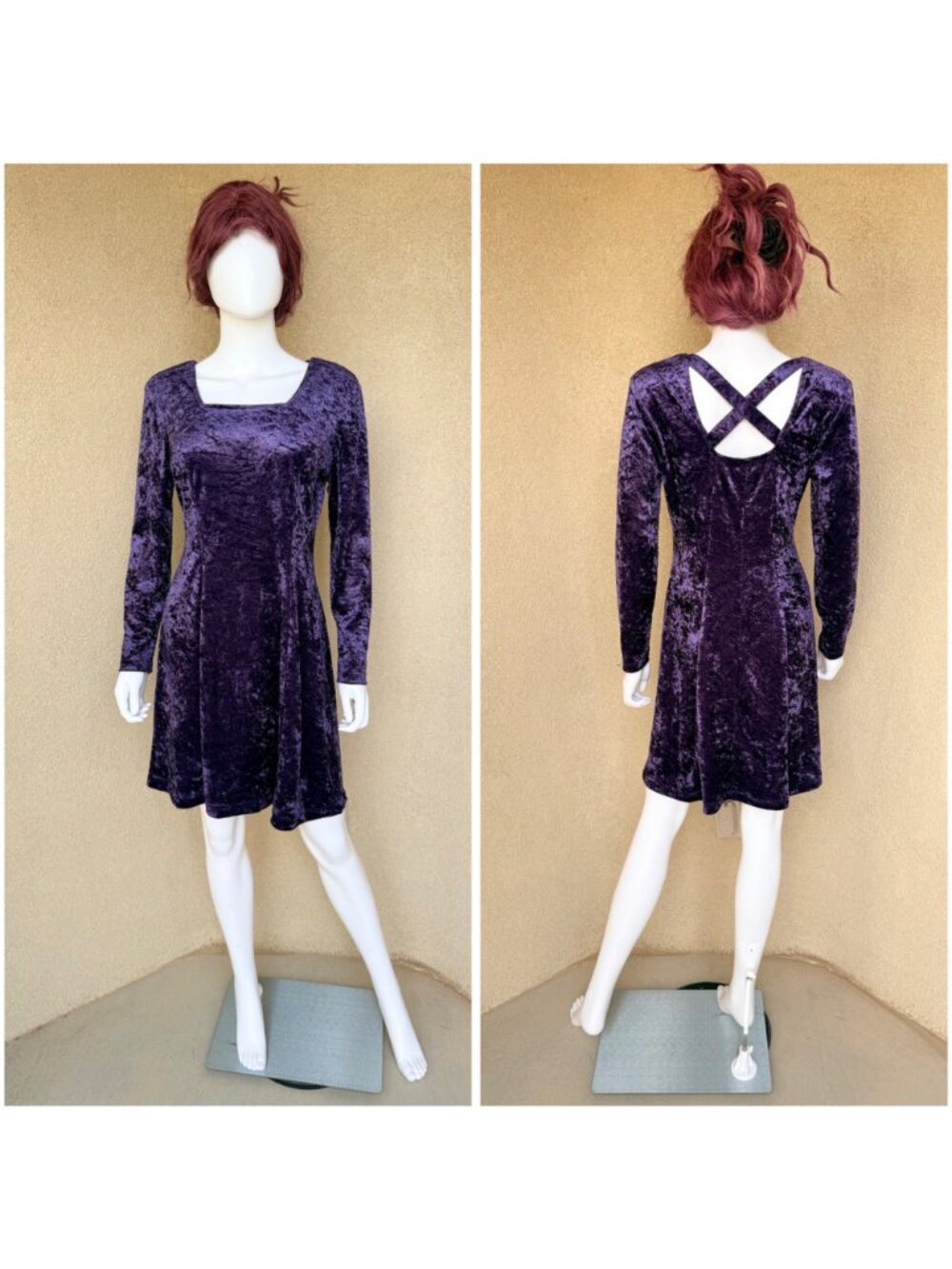 Vintage 90s Purple Crushed Velvet Skater Mini Dress - Picture 6 of 10